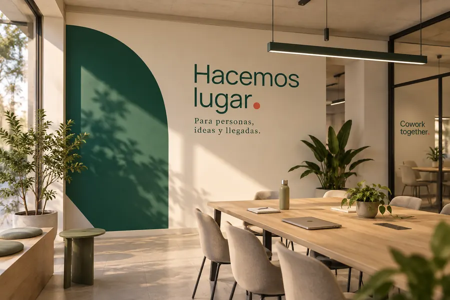 Espacio de trabajo con un arco verde pintado en la pared y el cartel «Hacemos lugar. Para personas, ideas y llegadas.»